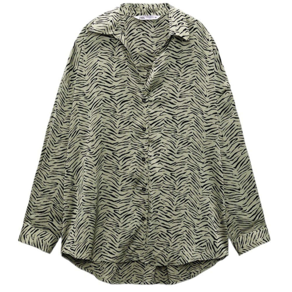 NWT Zara Green & Black Zebra Print Button Down Blouse Size: M